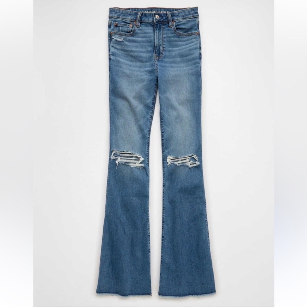 NWT AE Next Level Ripped Super High-Waisted Flare Jeans 18 Short